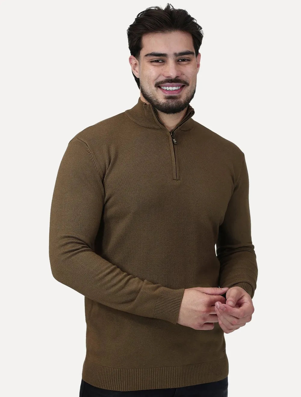 Suéter Dixen Masculina Tricot Manga Longa com Ziper Frontal Marrom