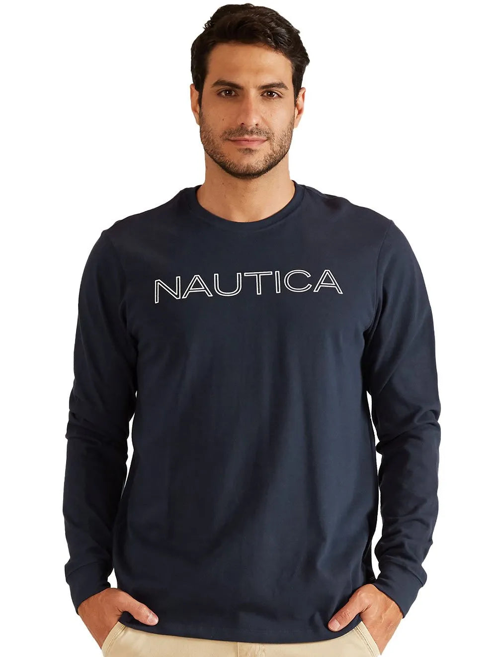 Blusa Nautica Manga Longa Outline Logo Azul Marinho