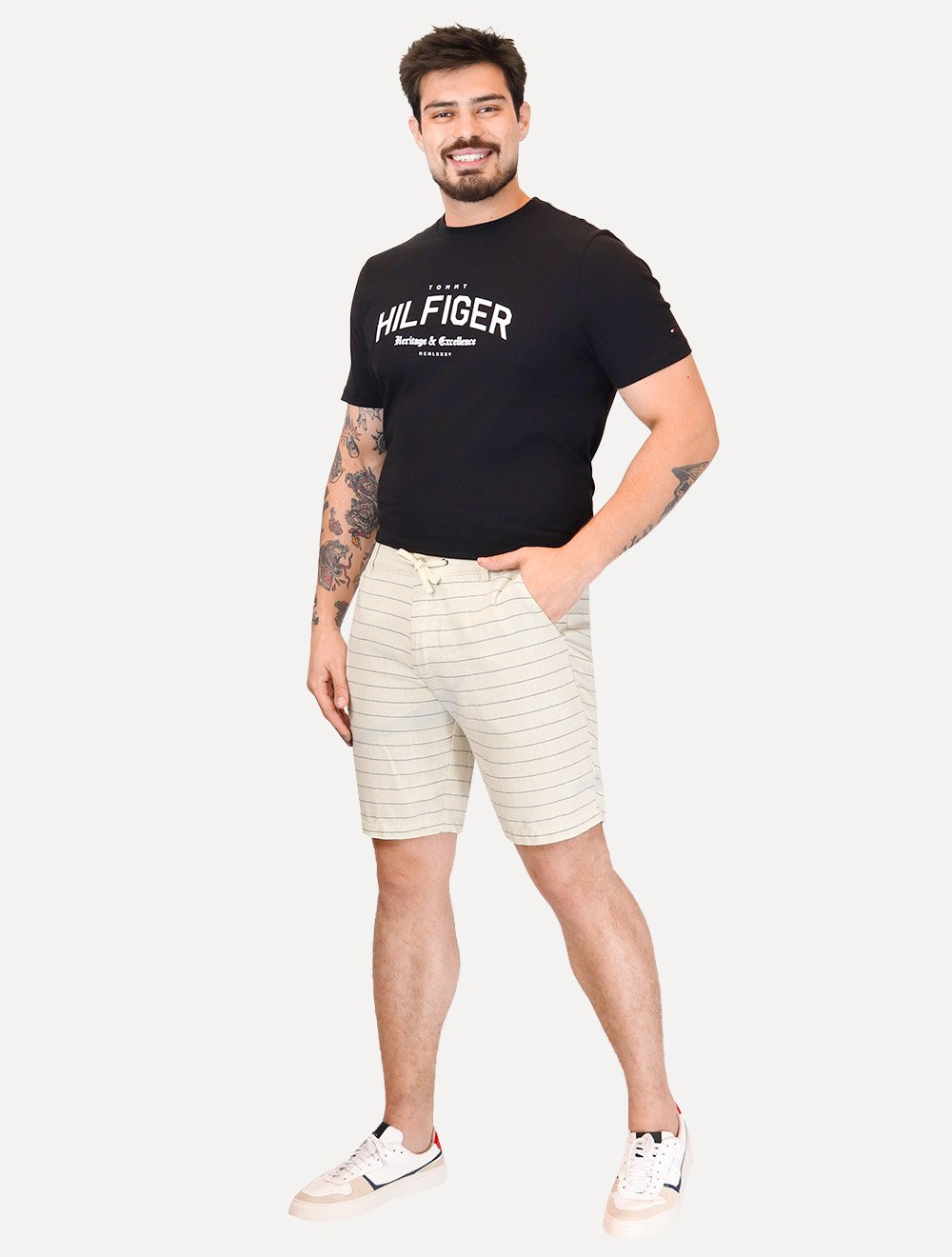 Bermuda Calvin Klein Jeans Masculina Cordão Cotton Stripes Off White
