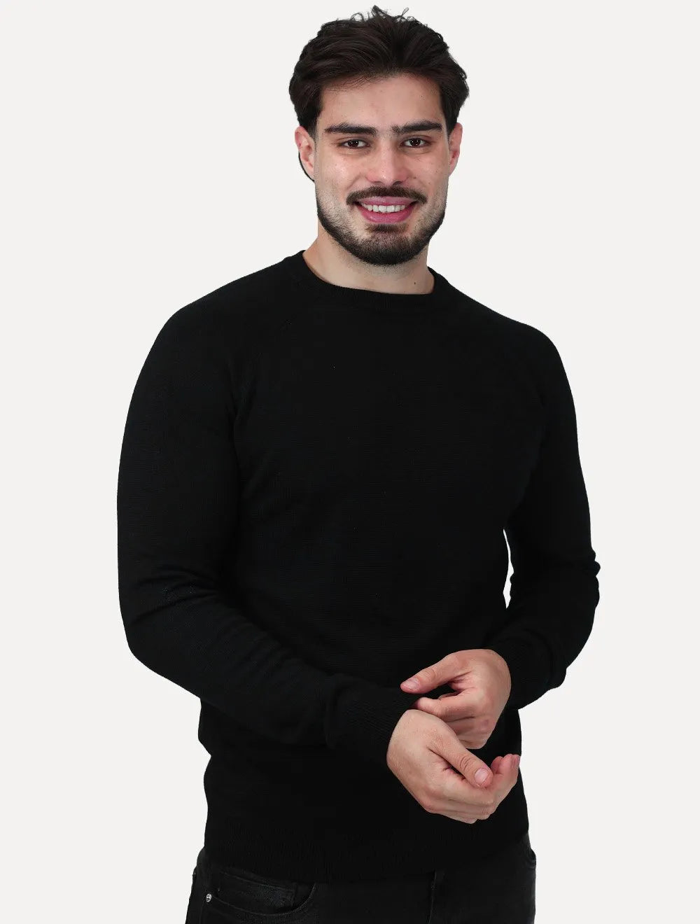 Suéter Dixen Masculina Tricot Manga Longa Raglan Gola Careca Preta