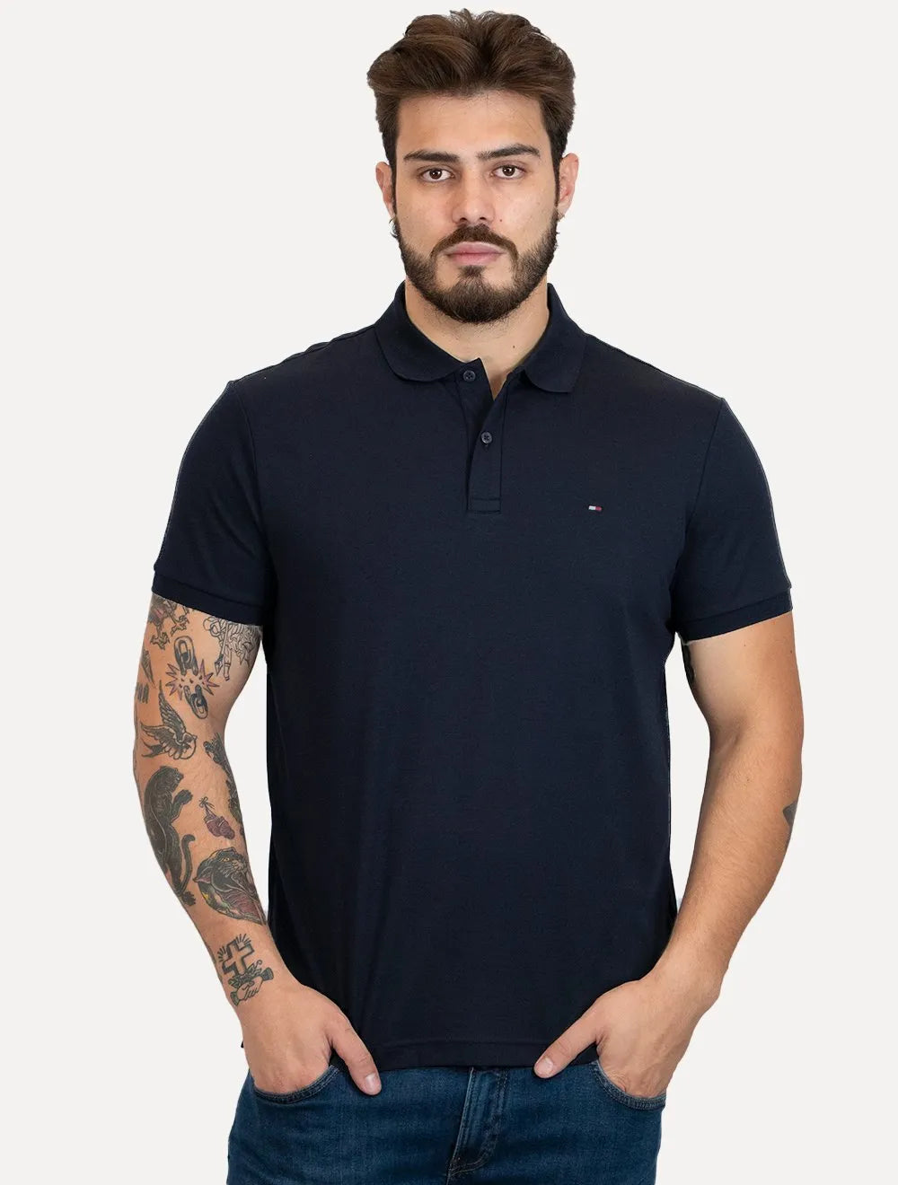 Polo Tommy Hilfiger Masculina Malha Liquid Cotton Essential Azul Marinho