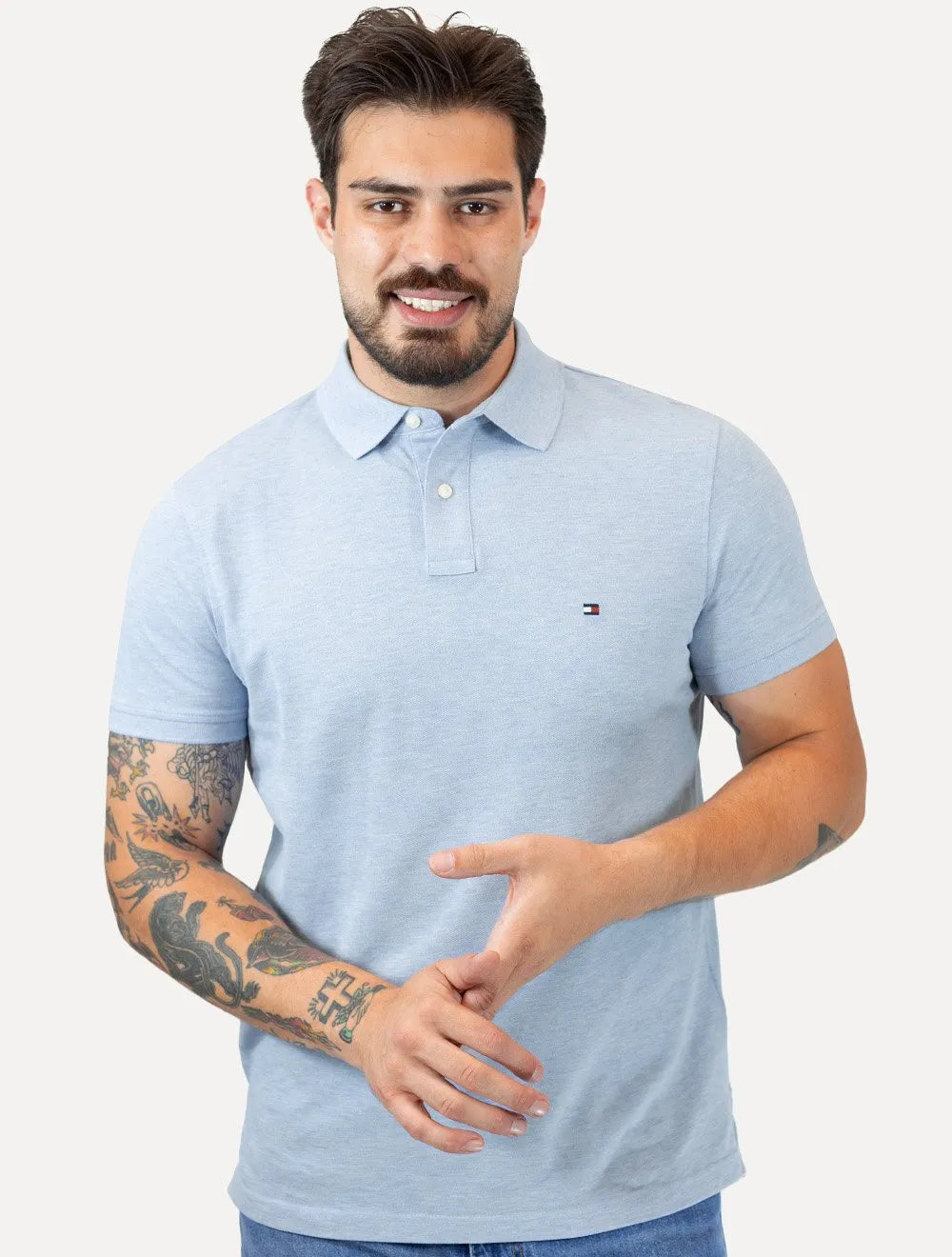 Polo Tommy Hilfiger Masculina Regular Piquet 1985 Azul Claro Mescla