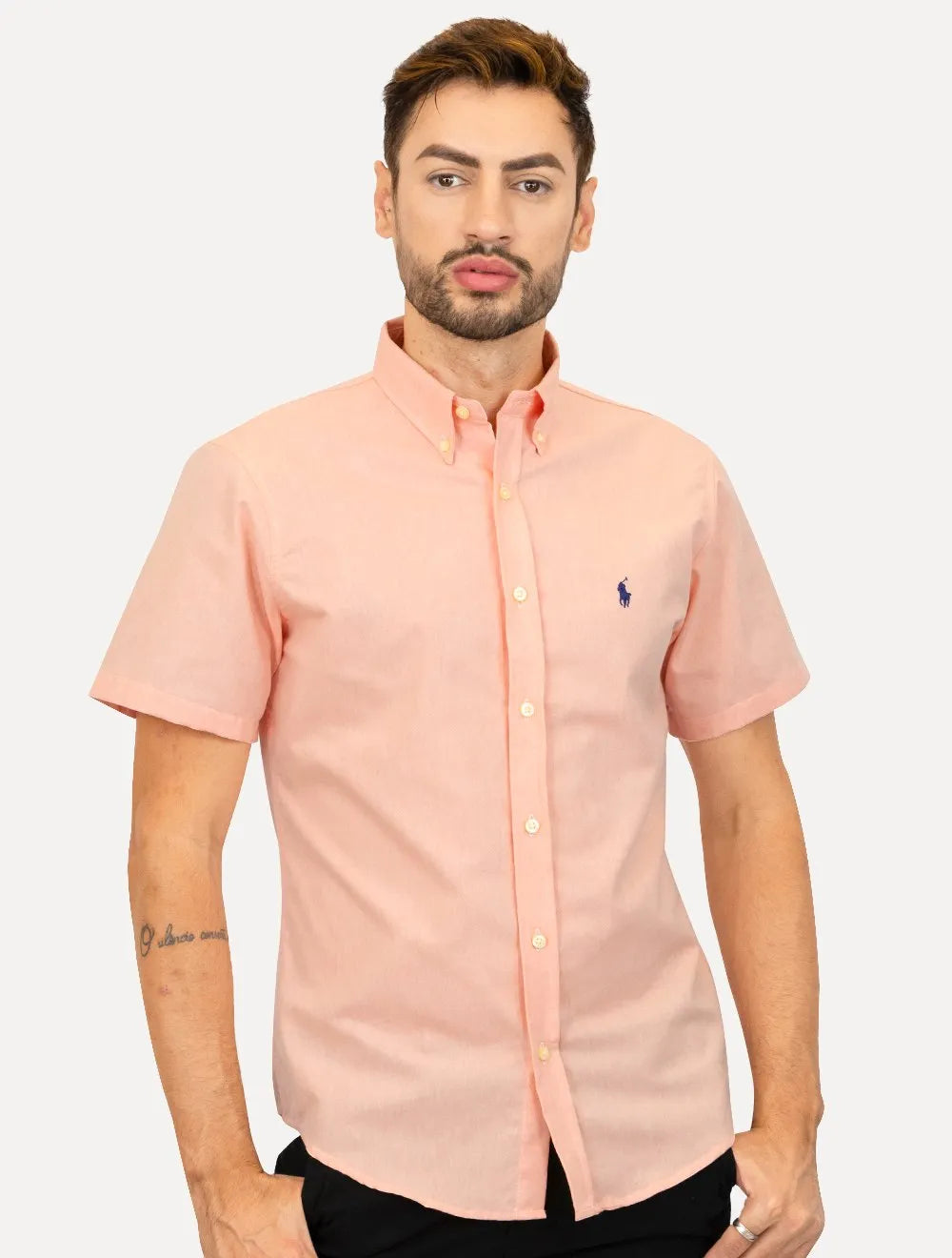 Camisa Ralph Lauren Masculina Manga Curta Oxford Navy Logo Salmão Mescla