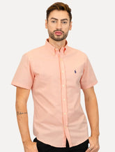 Camisa Ralph Lauren Masculina Manga Curta Oxford Navy Logo Salmão Mescla