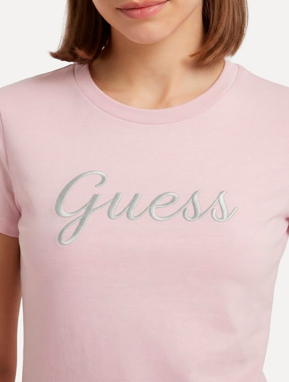 Camiseta Guess Feminina Signature Embroidery Logo Rosa Claro