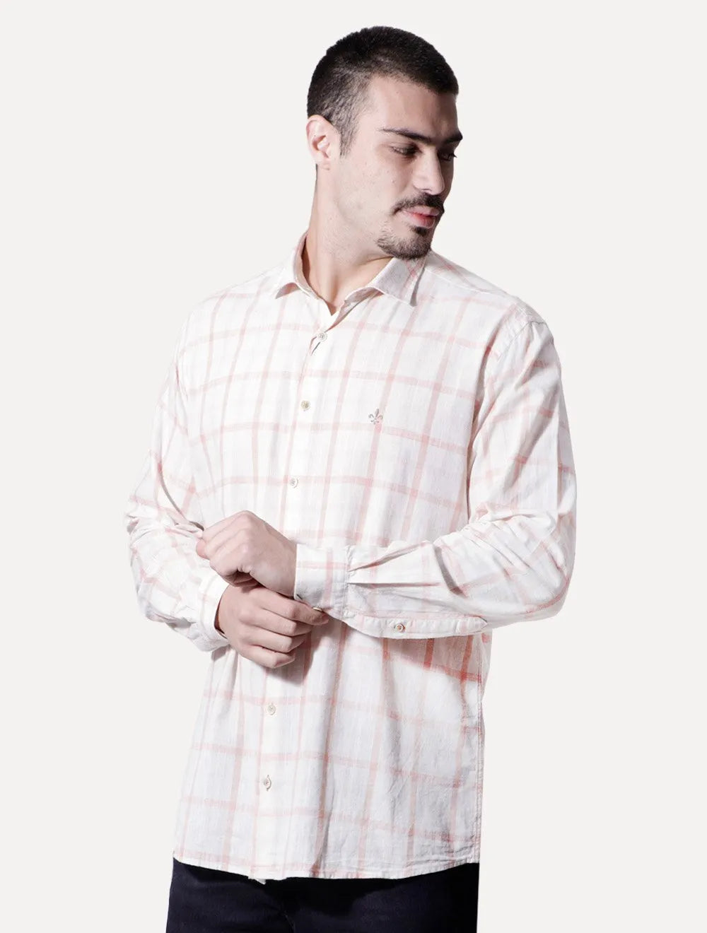 Camisa Dudalina Masculina Comfort Slub Cotton Xadrez Salmão Off-White