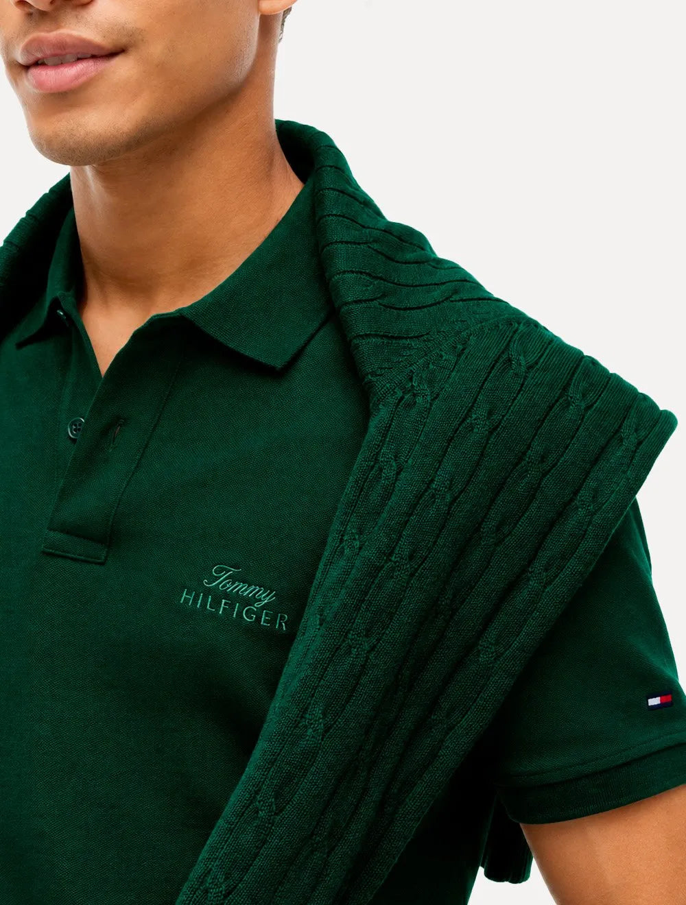 Polo Tommy Hilfiger Masculina Piquet Regular Melange Collar Verde Escuro