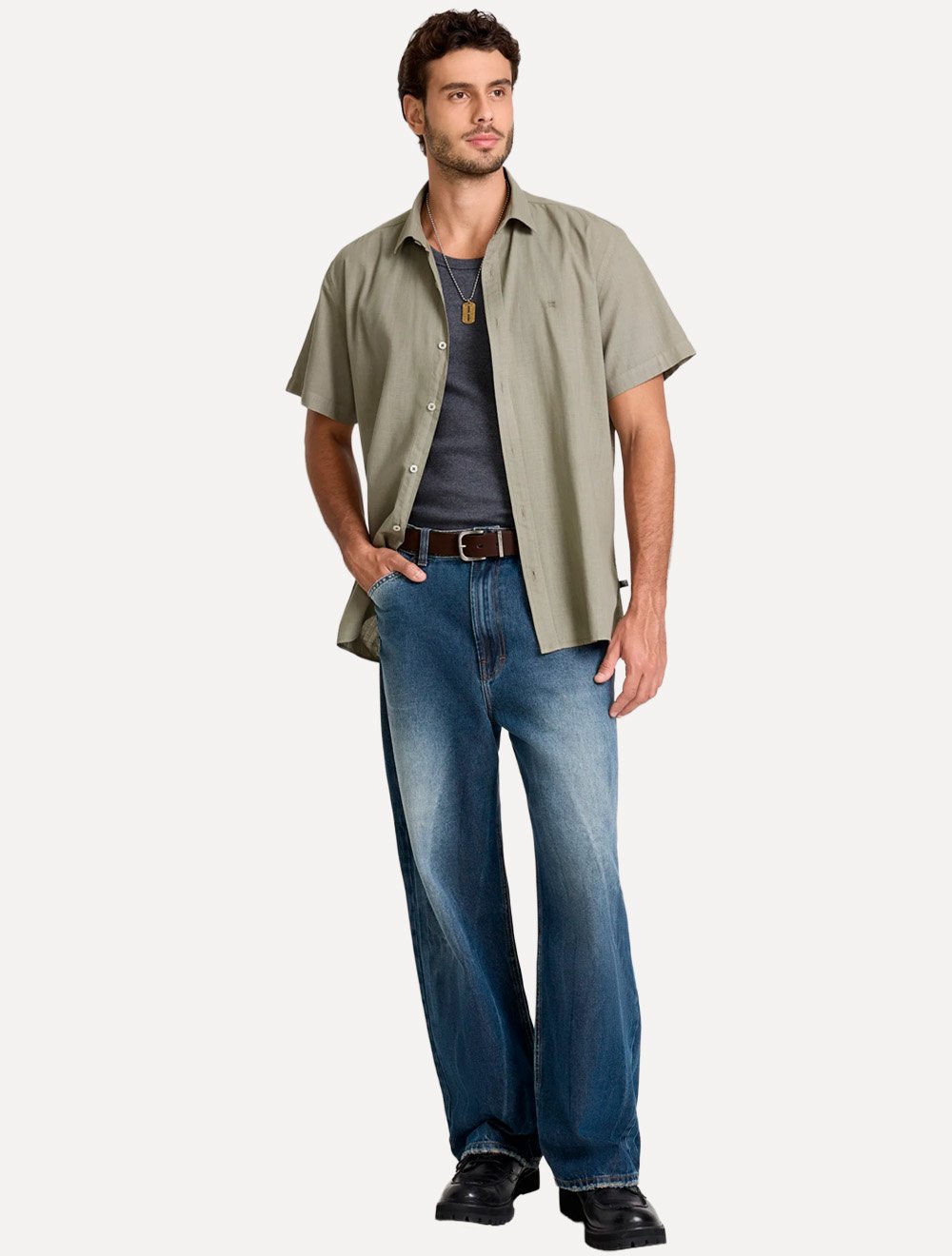 Camisa John John Masculina Relaxed Manga Curta Cotton Verde Claro