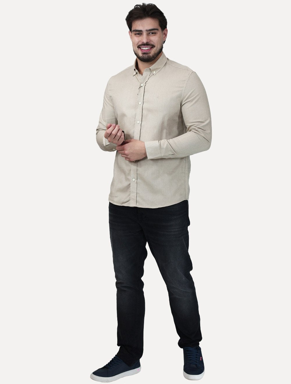 Camisa Calvin Klein Jeans Masculina Regular Oxford Leve Logo Cáqui Claro
