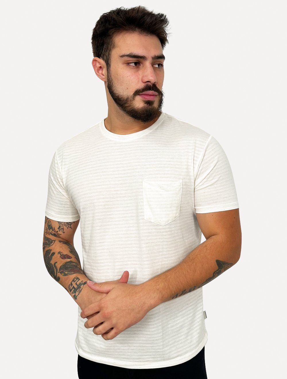 Camiseta King & Joe Masculina Linho Slim Pocket Off-White