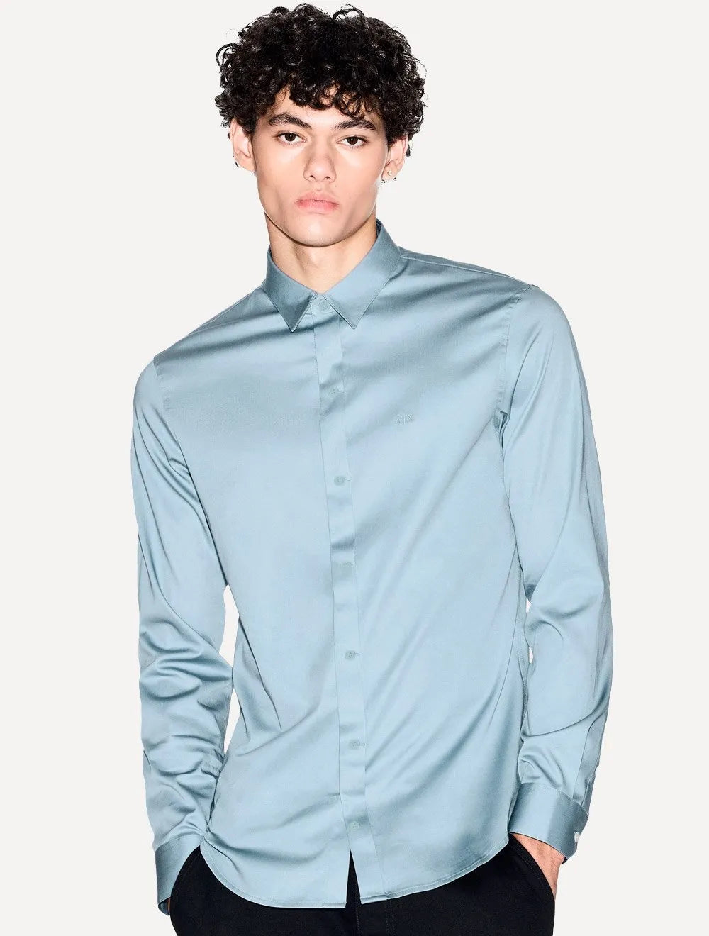 Camisa Armani Exchange Masculina Cotton Slim Fit Mono Logo Azul Índigo