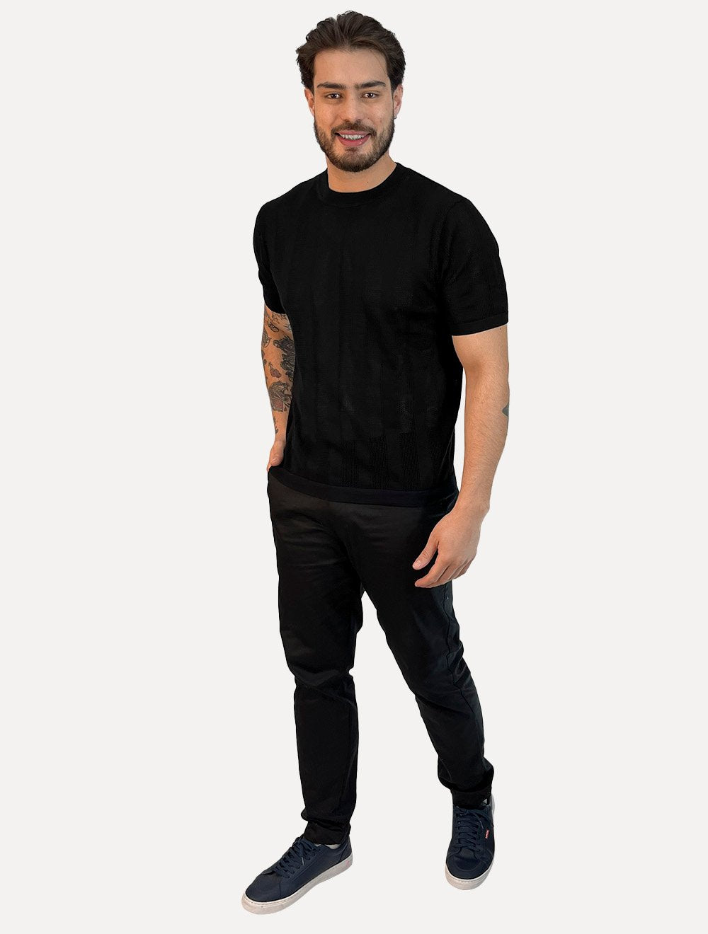 Camiseta Dixen Masculina Tricot Vertical Manga Curta Gola Careca Preto