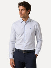 Camisa Dudalina Masculina Comfort Superfine Cotton Listrada Mono Logo Azul Médio