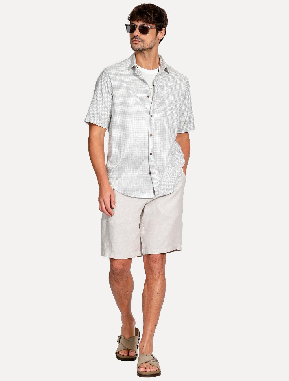 Camisa Aramis Masculina Manga Curta Regular Mini Xadrez Branco/Cinza