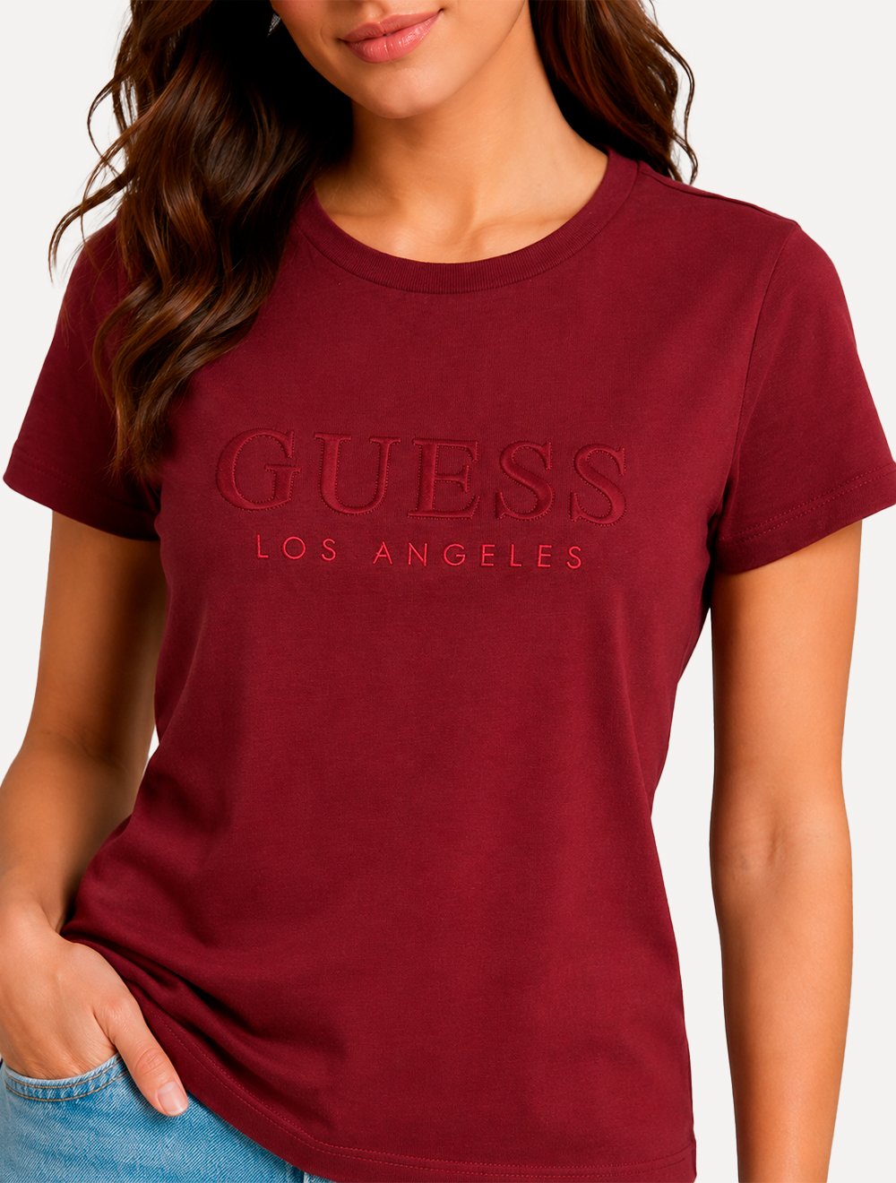 Camiseta Guess Feminina Bold Cursive Embossed Red Logo Vermelho Escuro