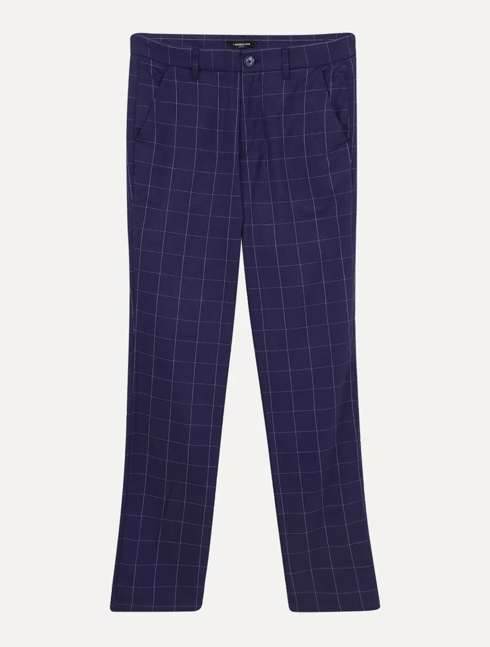 Calça Dudalina Masculina Sarja Slim Chino Xadrez Azul Marinho