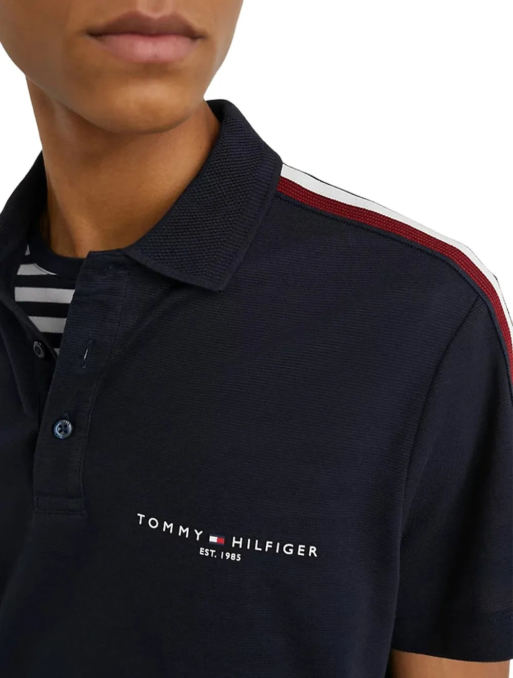 Polo Tommy Hilfiger Masculina Regular Global Stripe Shoulder Azul Marinho