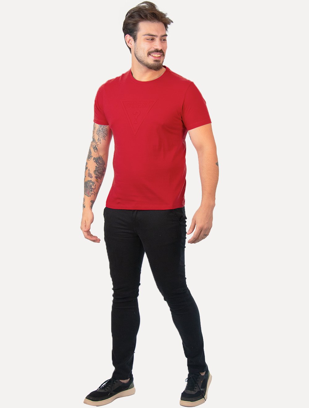 Camiseta Guess Masculina Embossed Logo Vermelha