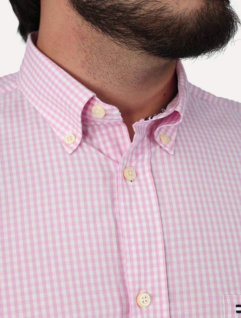Camisa Tommy Hilfiger Masculina Manga Curta Pocket Gingham Rosa Médio