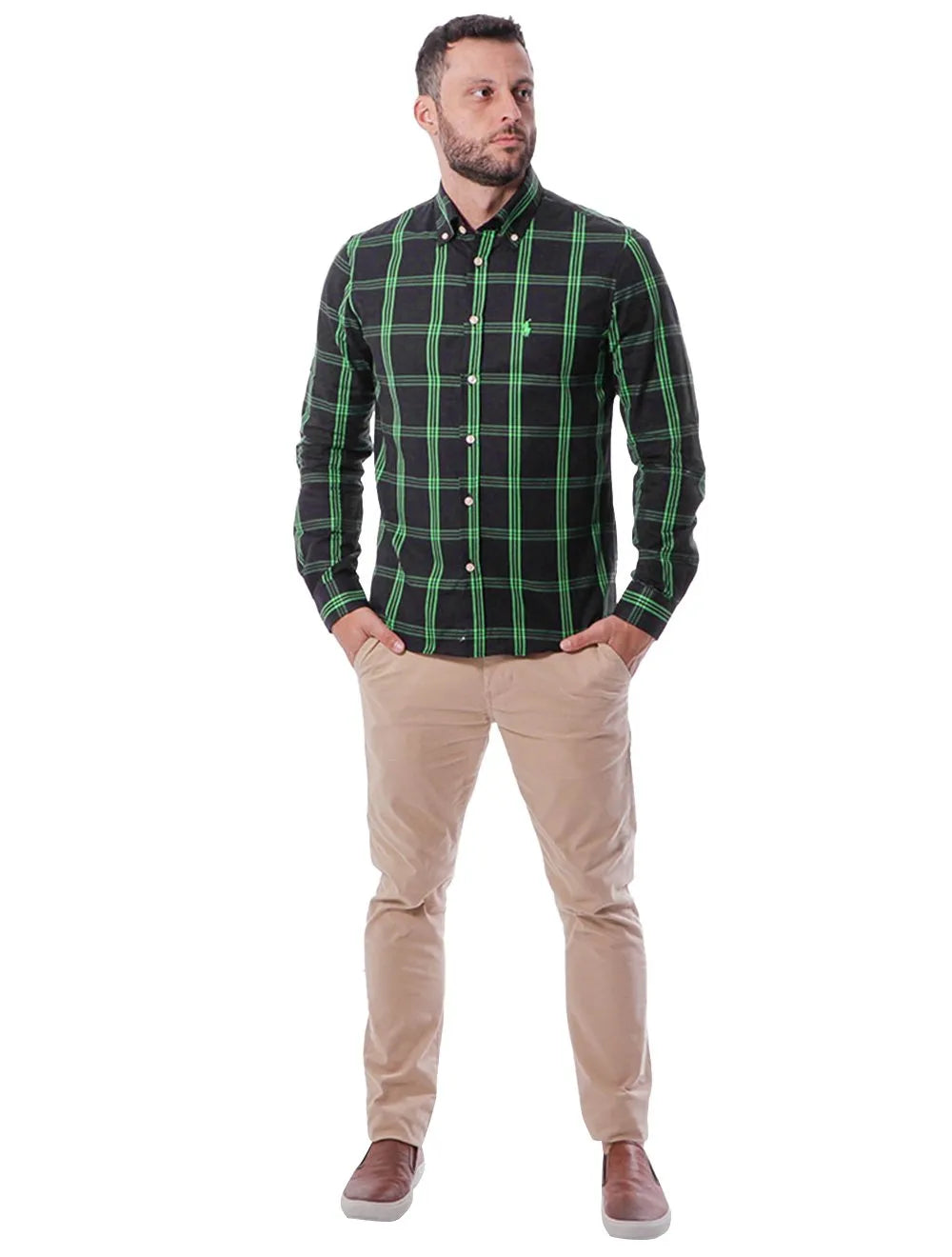 Camisa Ralph Lauren Masculina Custom Fit Xadrez London Plaid Green Preta