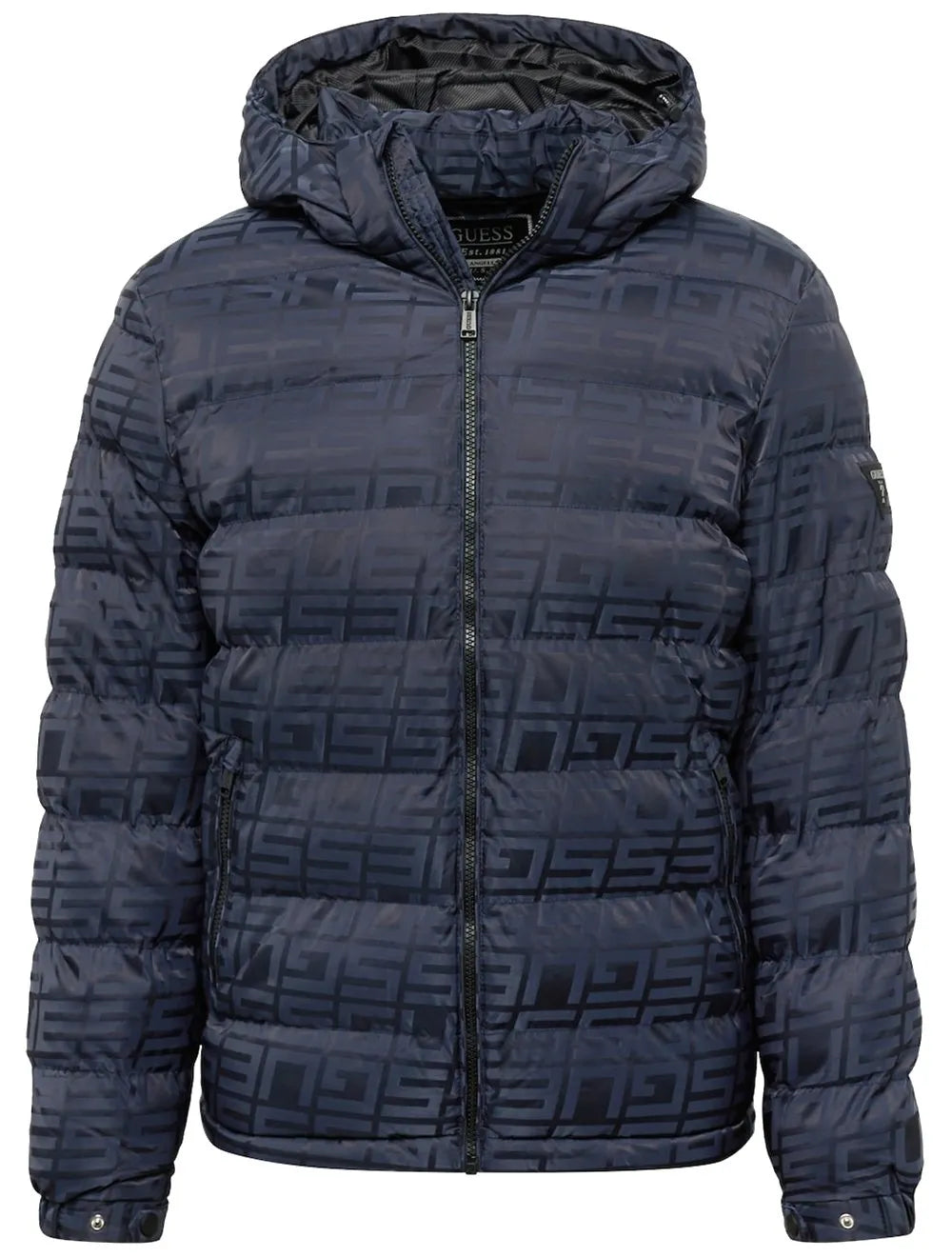 Jaqueta Guess Masculina Hoodie Allover Logo Puffer Azul Marinho