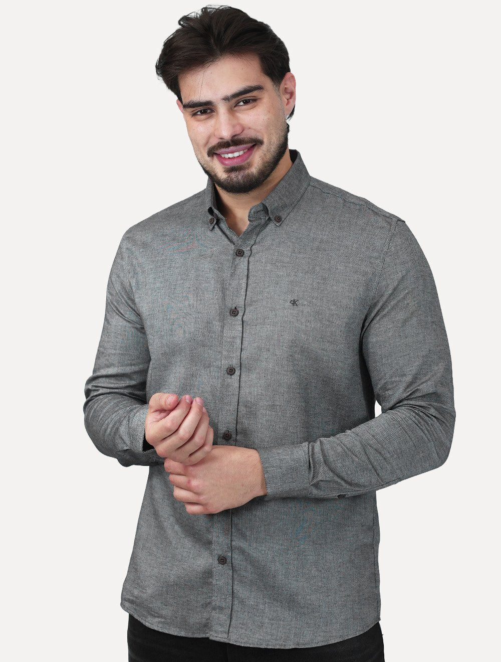Camisa Calvin Klein Jeans Masculina Regular Oxford Leve Logo Cinza Mescla