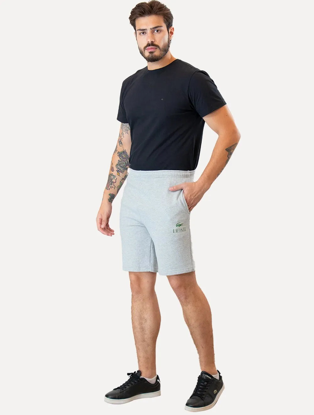 Bermuda Lacoste Moletom Masculina Jogger Logo Vintage Cinza Mescla