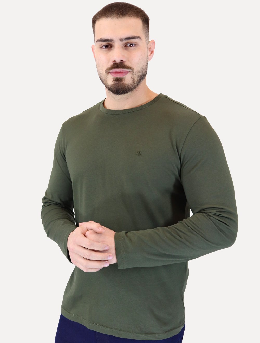 Camiseta Calvin Klein Jeans Masculina Manga Longa Rubber CK Frontal Verde Militar