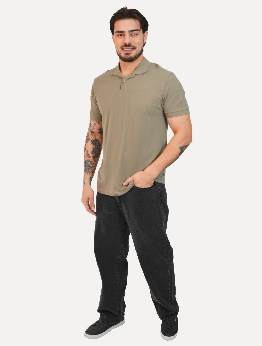 Polo Aramis Masculina Regular Basic Piquet Mono Logo Cáqui Medio Escuro