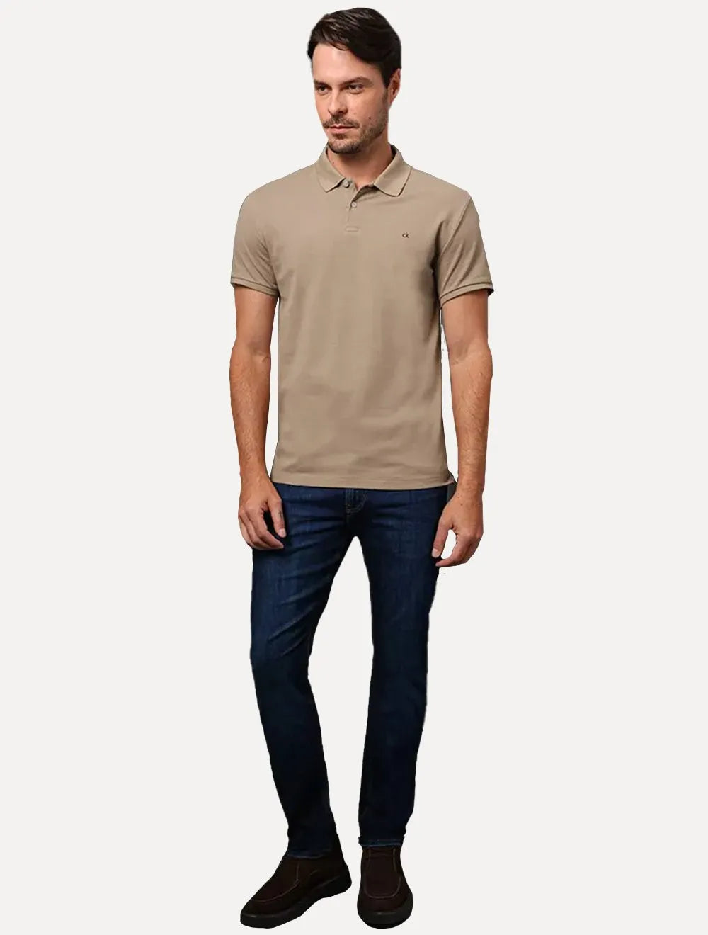 Polo Calvin Klein Masculina Piquet Slim Fit Sem Friso Cáqui Médio