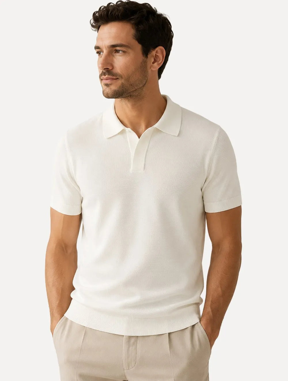 Polo Dixen Masculina Tricot Viscose Texturizada Manga Curta Off White