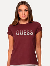 Camiseta Guess Feminina Bold Half Stripes Logo Vermelho Escuro