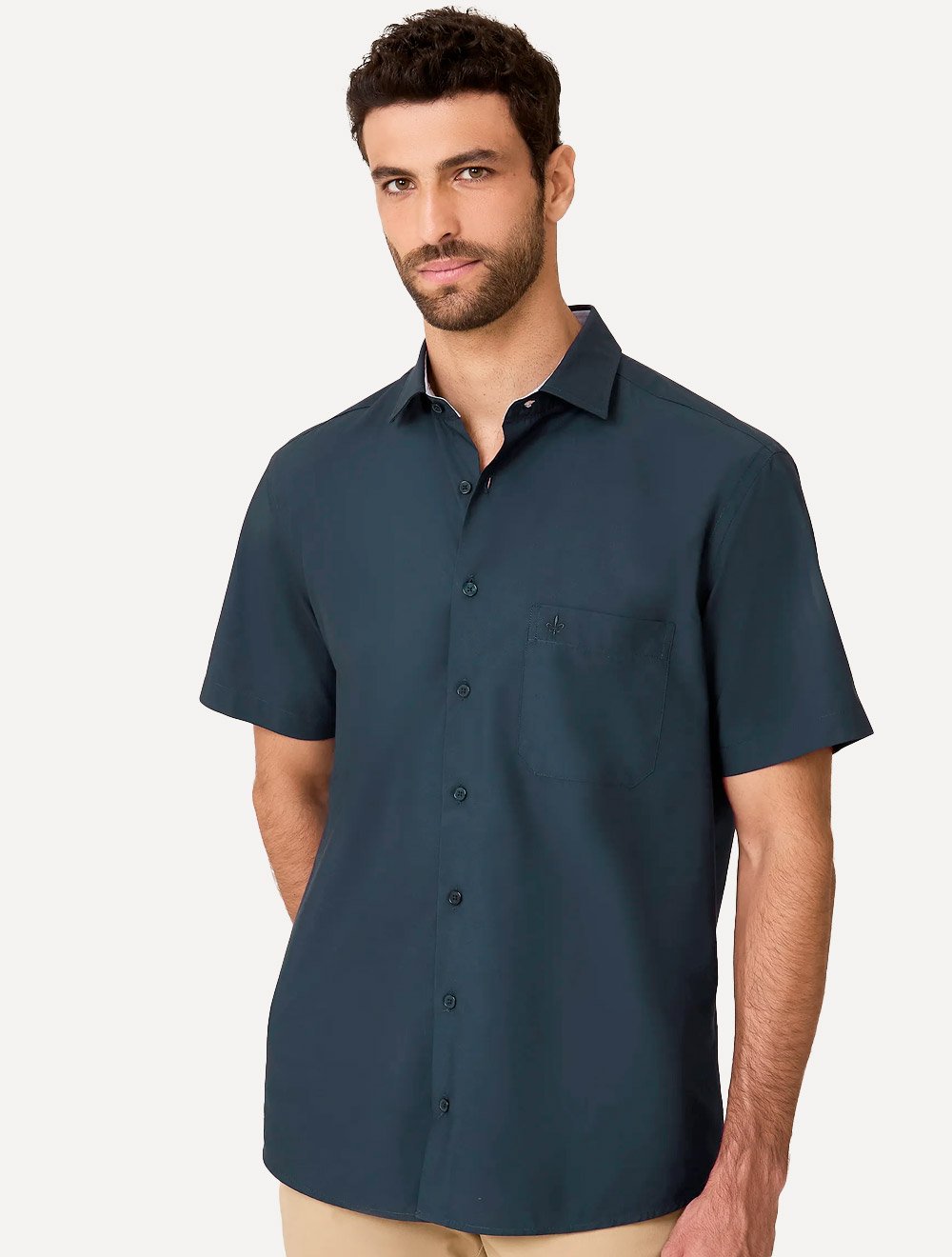 Camisa Dudalina Masculina Manga Curta Tricoline Lisa Azul Marinho