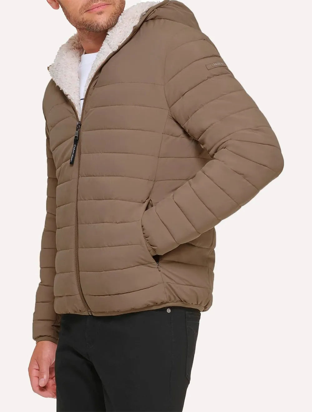 Jaqueta Calvin Klein Masculina Hoodie Matelassê Sherpa Cáqui