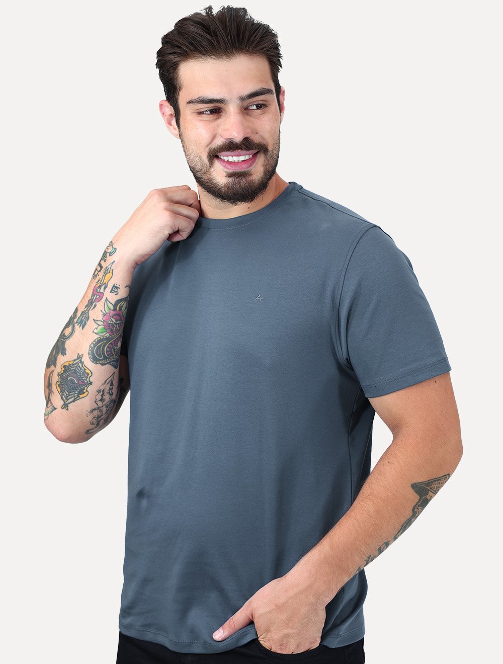 Camiseta Aramis Masculina Basic Lisa Mono Liquid Cotton Azul Médio
