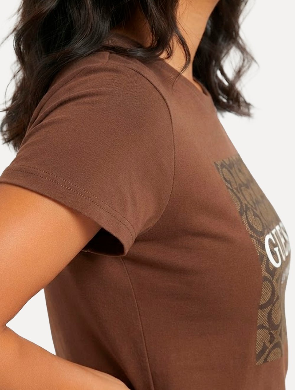 Camiseta Guess Feminina Silk Block Logo Marrom