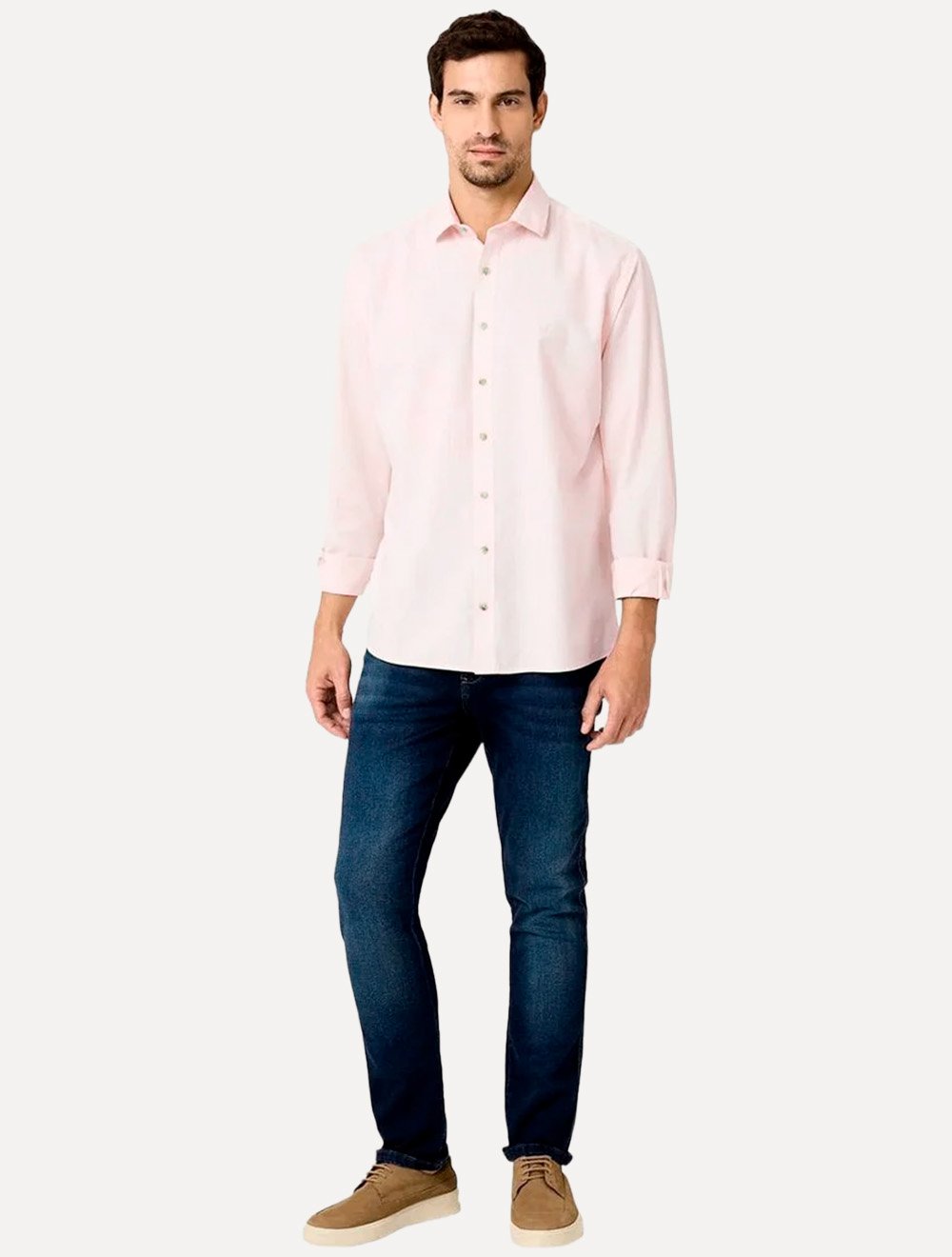 Camisa Dudalina Masculina Manga Longa Slim Fit Slub Cotton Flame Rosa Claro