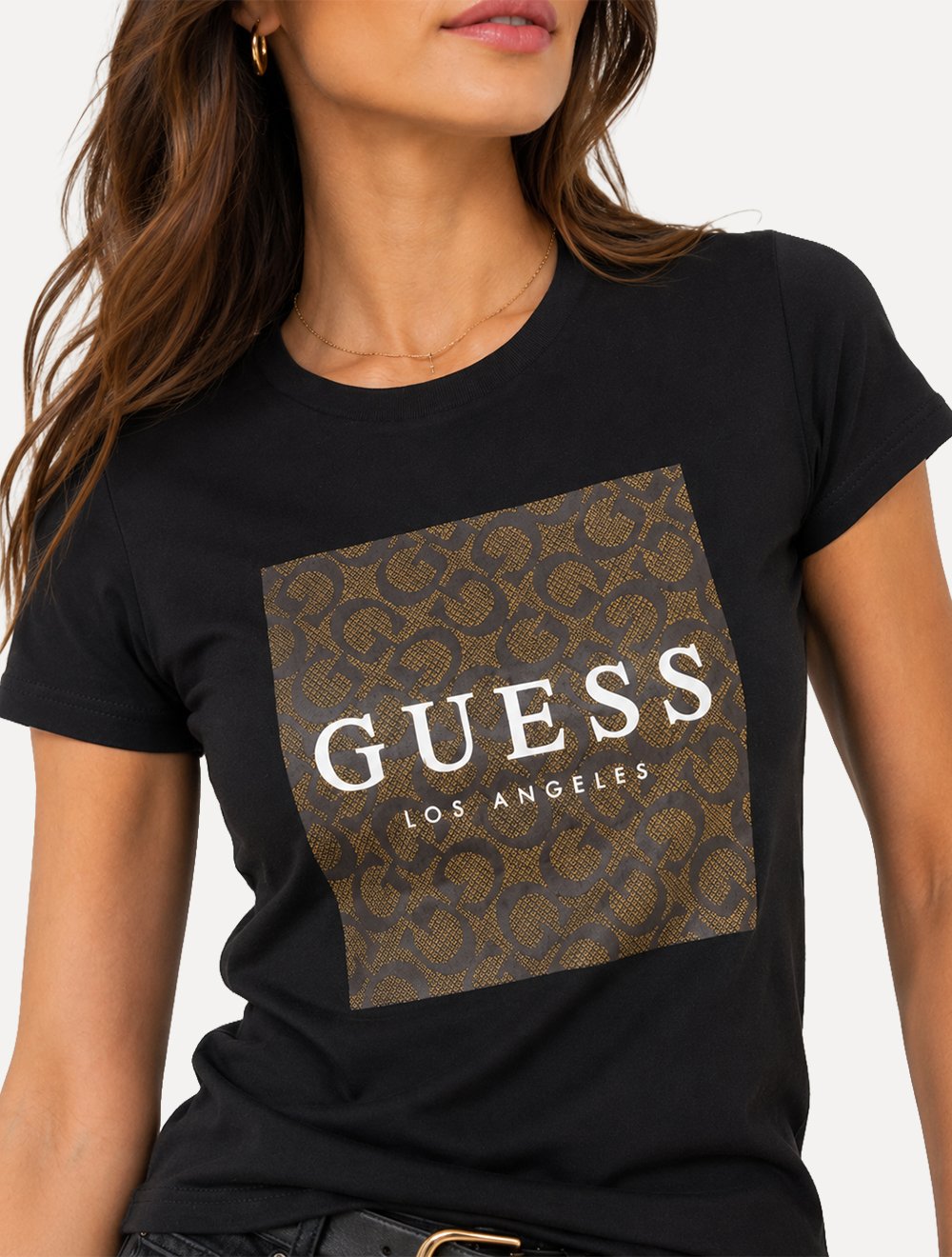 Camiseta Guess Feminina Los Angeles Monogramado Logo Preta