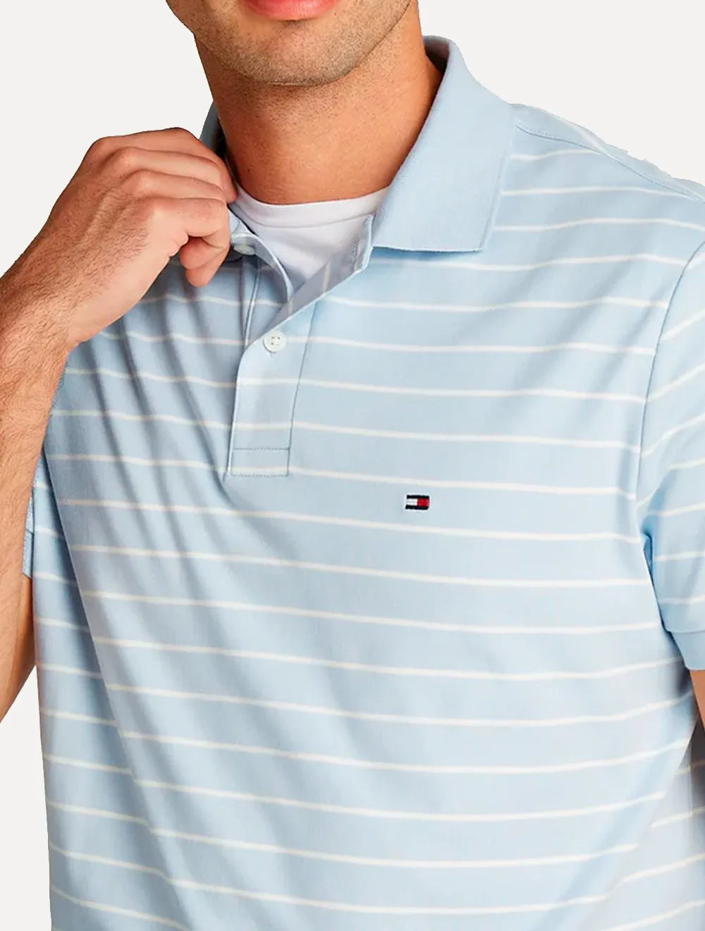 Polo Tommy Hilfiger Masculina Malha Liquid Cotton Seasonal Striped Azul Claro
