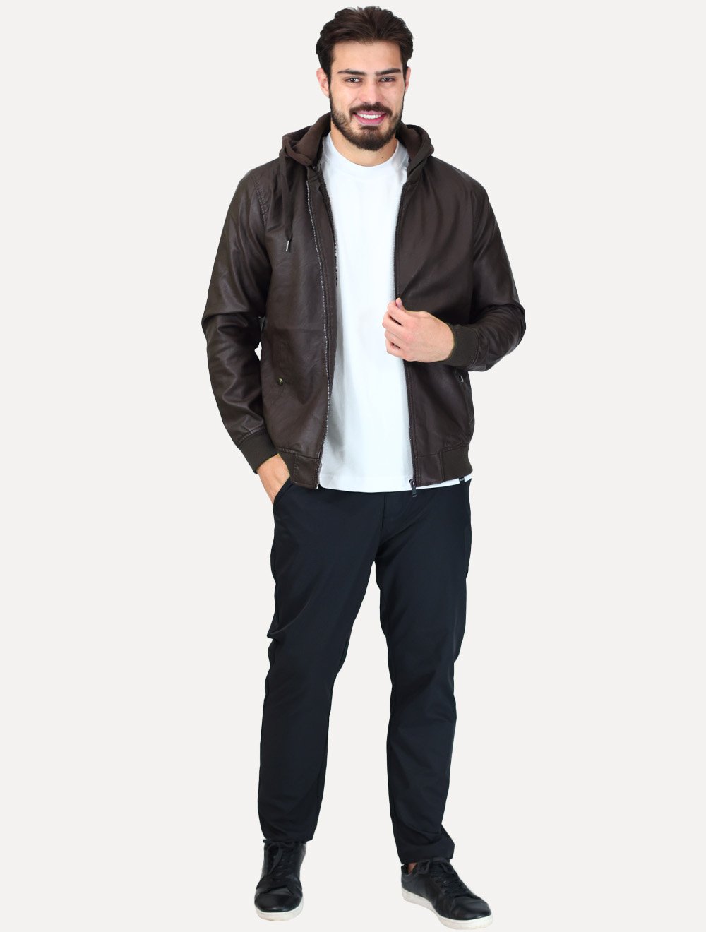 Jaqueta Dixen PU Bomber Capuz Zíper Frontal Marron