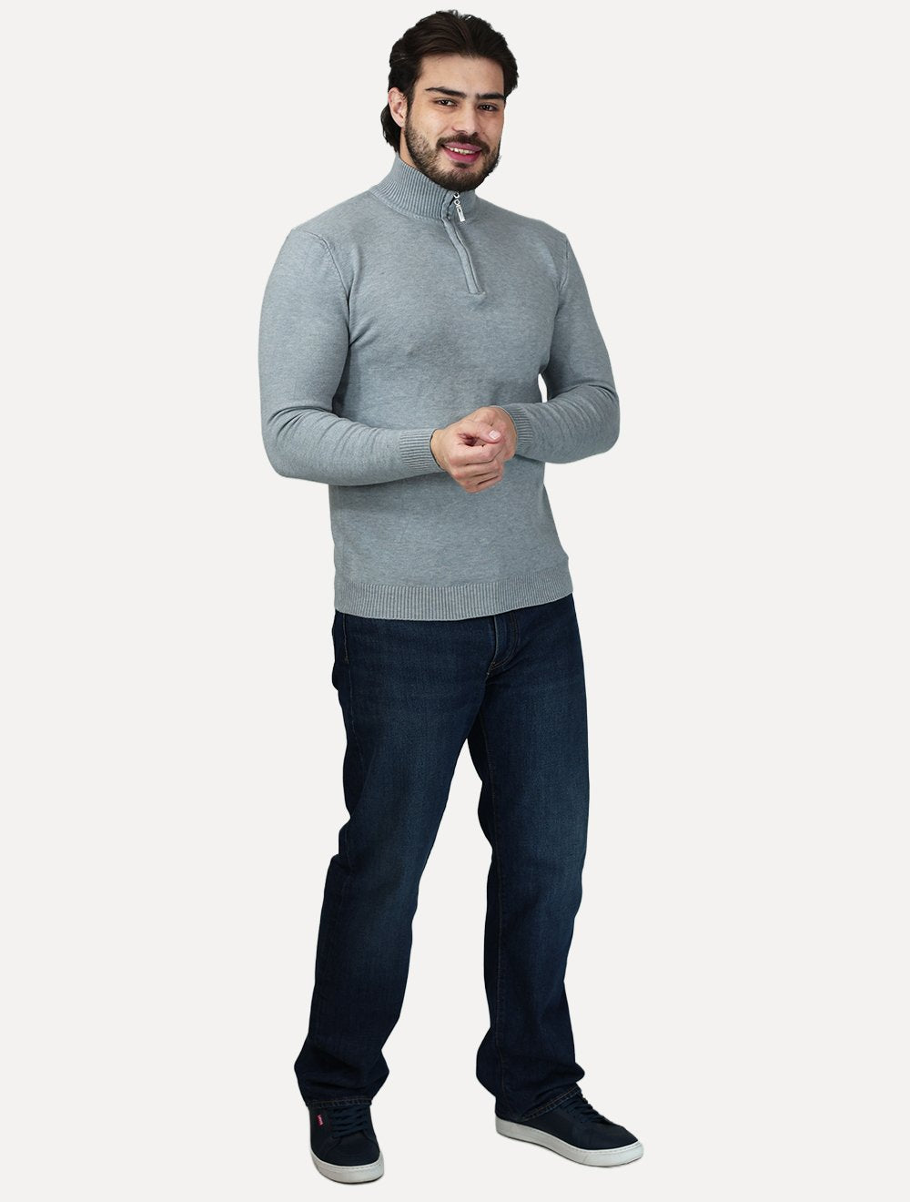 Suéter Dixen Masculino Tricot Half-Zip Gola Alta Cinza
