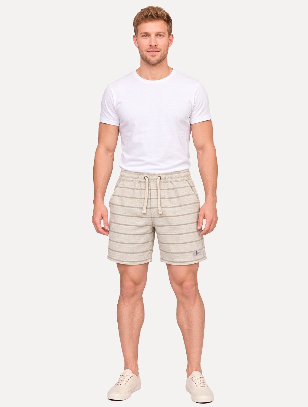 Short Calvin Klein Jeans Masculino Linho Stripes Areia Mescla