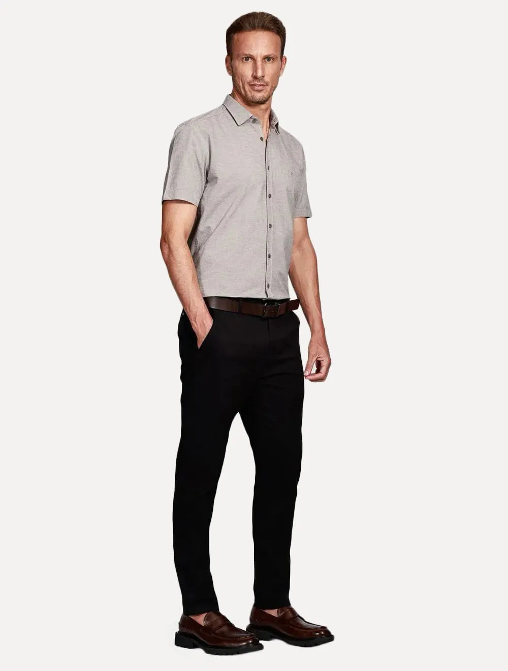 Camisa Aramis Masculina Manga Curta Slim Falso Liso Belfort Marrom Mescla