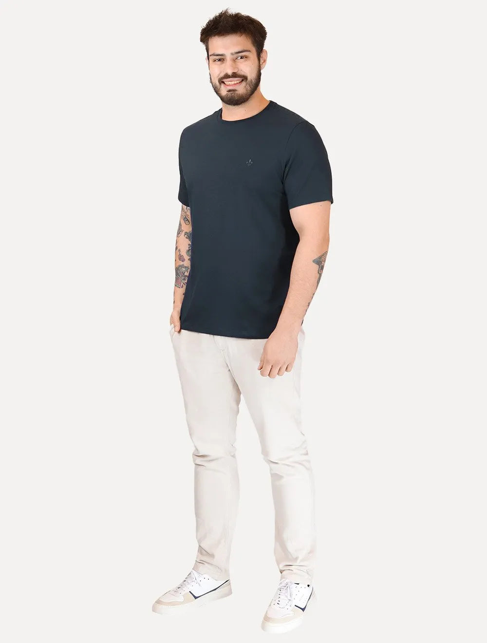 Kit Polo e Camiseta Dudalina Masculina Azul Marinho Listrado e Azul Marinho