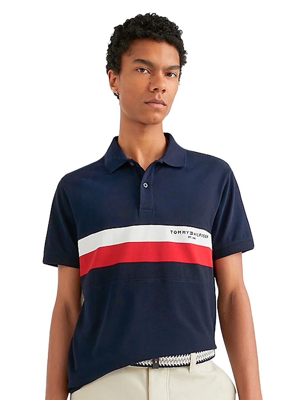 Polo Tommy Hilfiger Piquet Slim Colourblock Azul Marinho