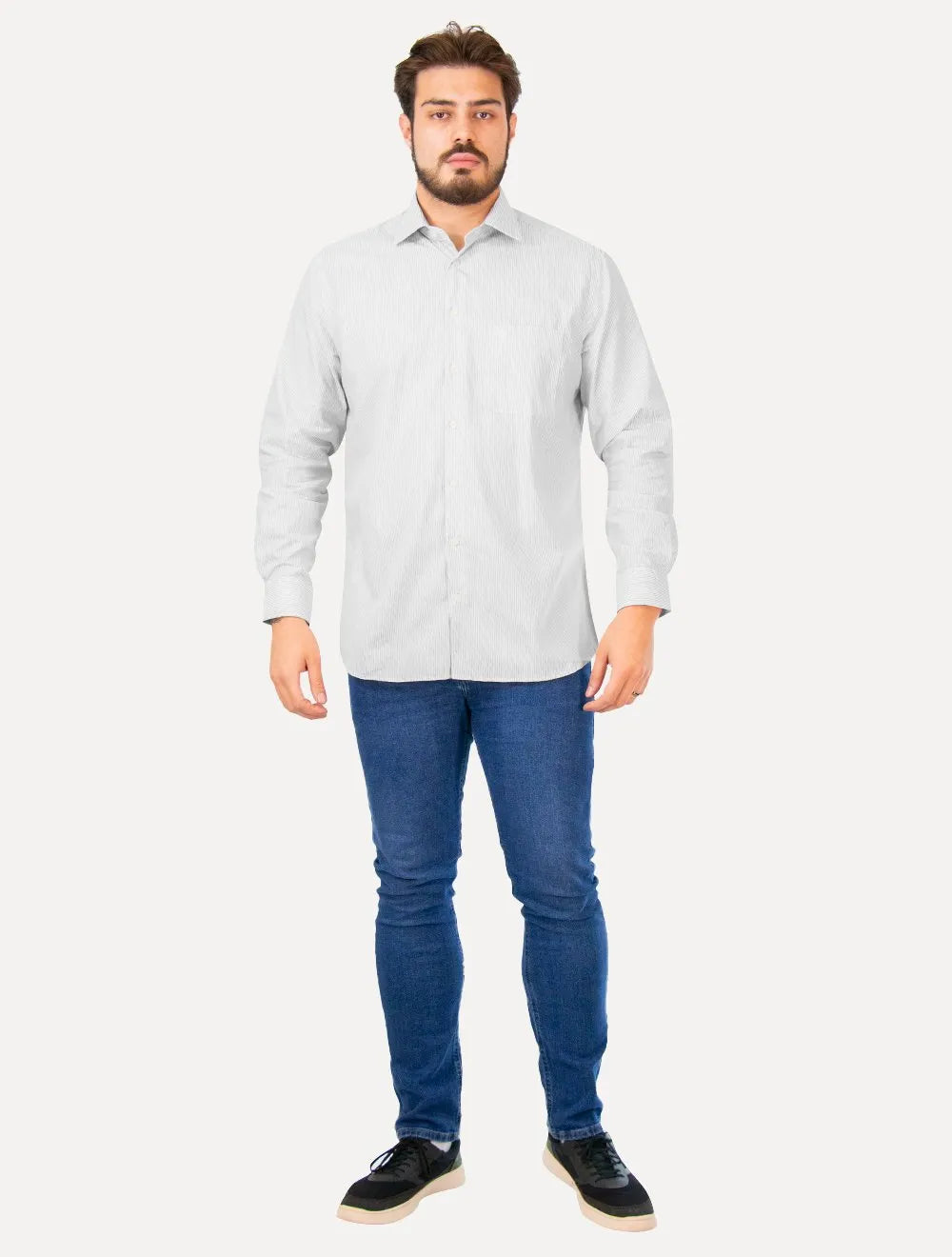 Camisa Dudalina Masculina Comfort Pocket Listrada Lines Branca