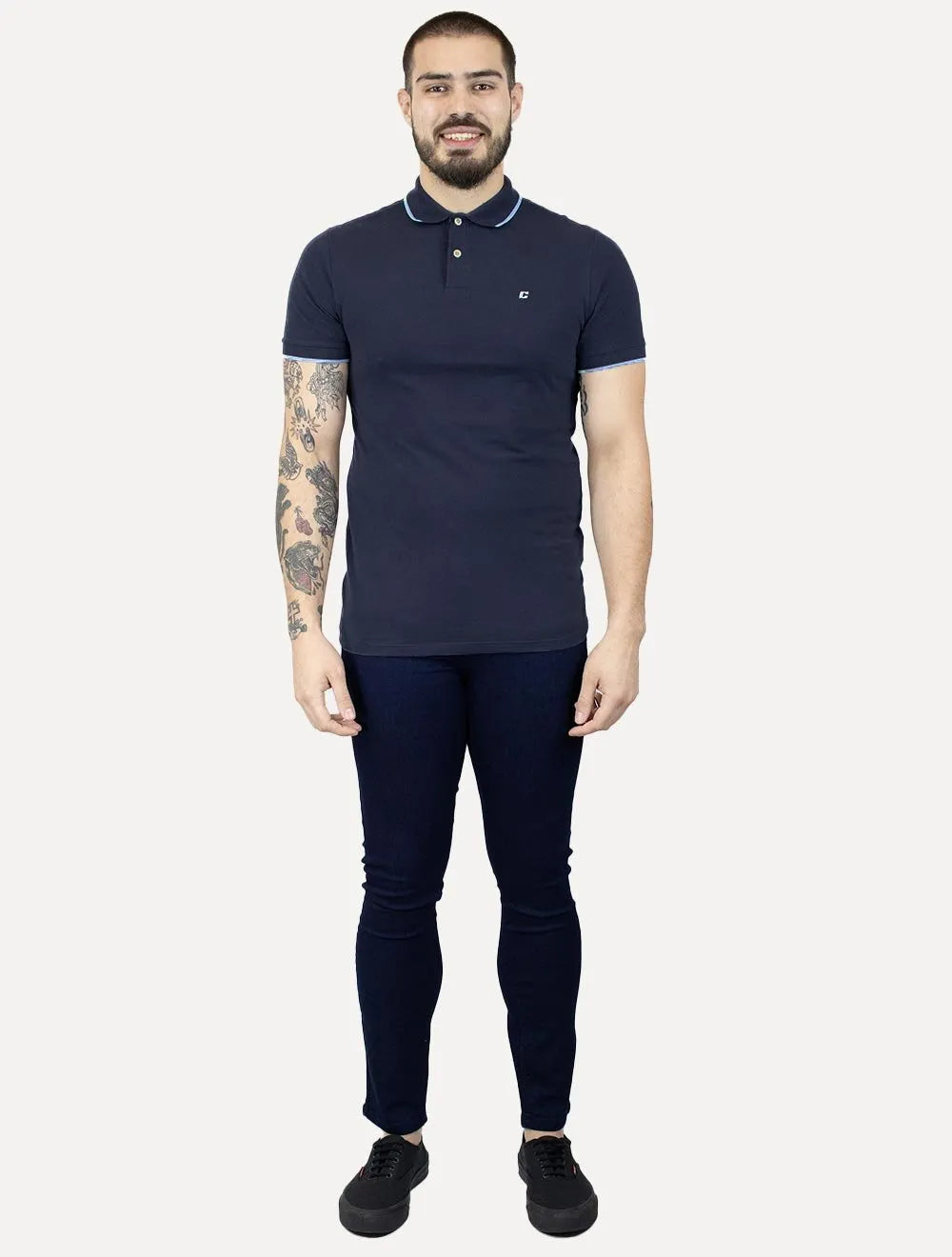 Polo Colcci Masculina Piquet Blue Frisos Mini Logo Azul Marinho