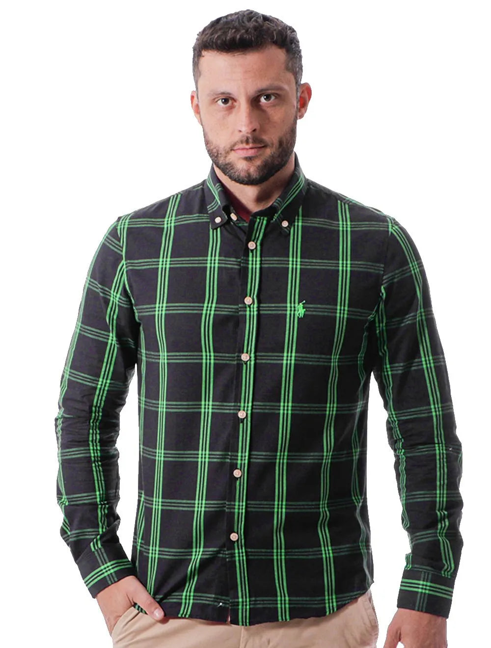 Camisa Ralph Lauren Masculina Custom Fit Xadrez London Plaid Green Preta