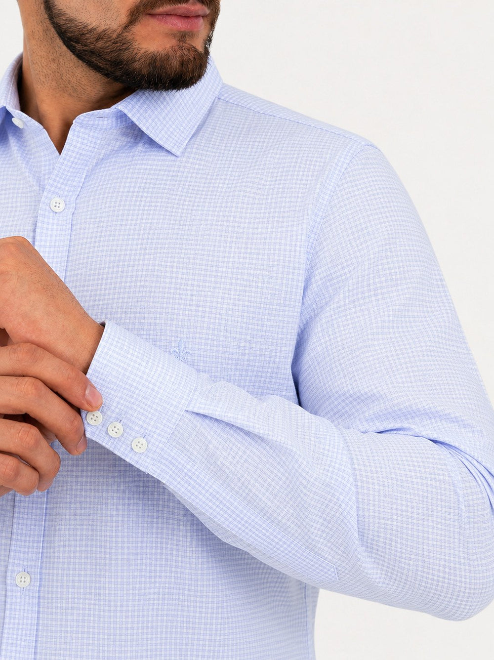 Camisa Dudalina Masculina Superfine Tricoline Quadriculado Mono Logo Milano Azul Claro