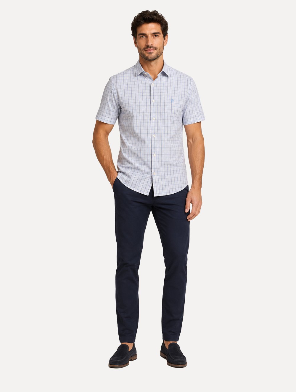 Camisa Dudalina Masculina Manga Curta Slim Confort Superfine Cotton Listrada Cinza Claro